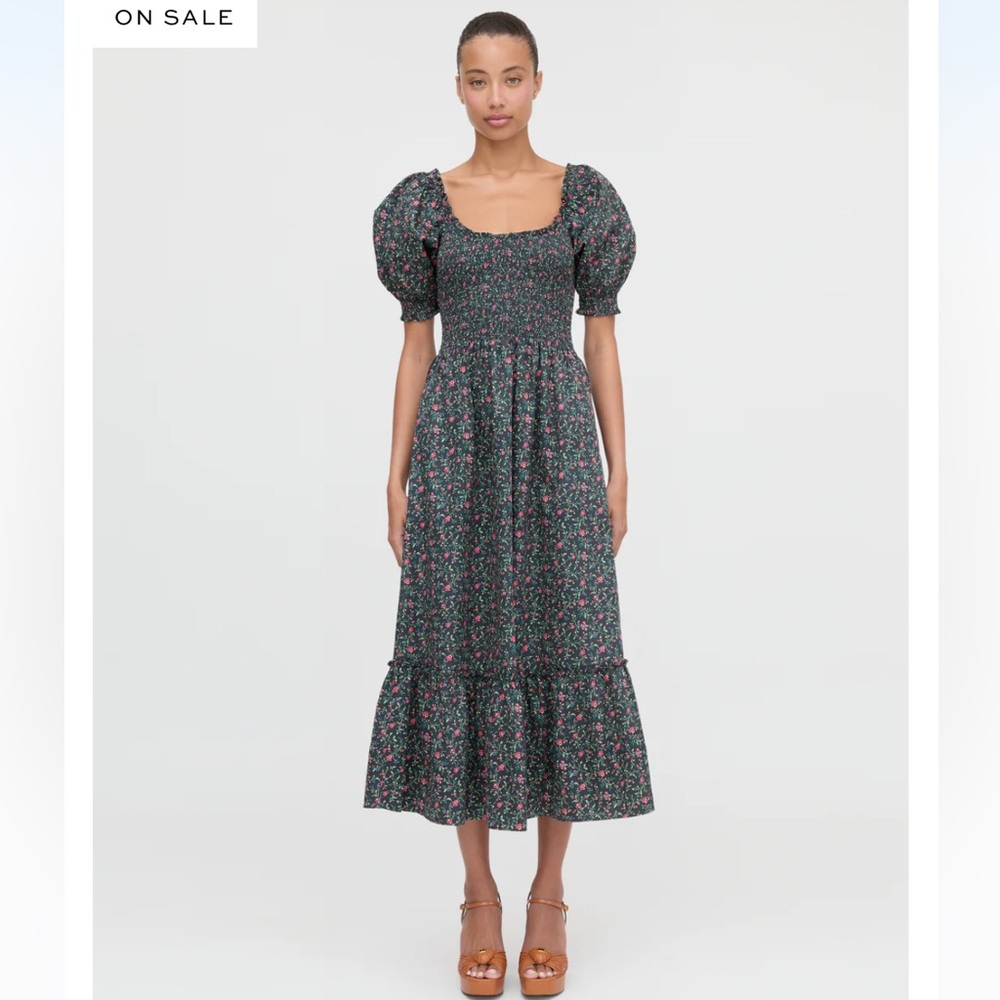 Hill House Louisa Dark Green Floral Smocked Midi Dress with Puff Sleeves
